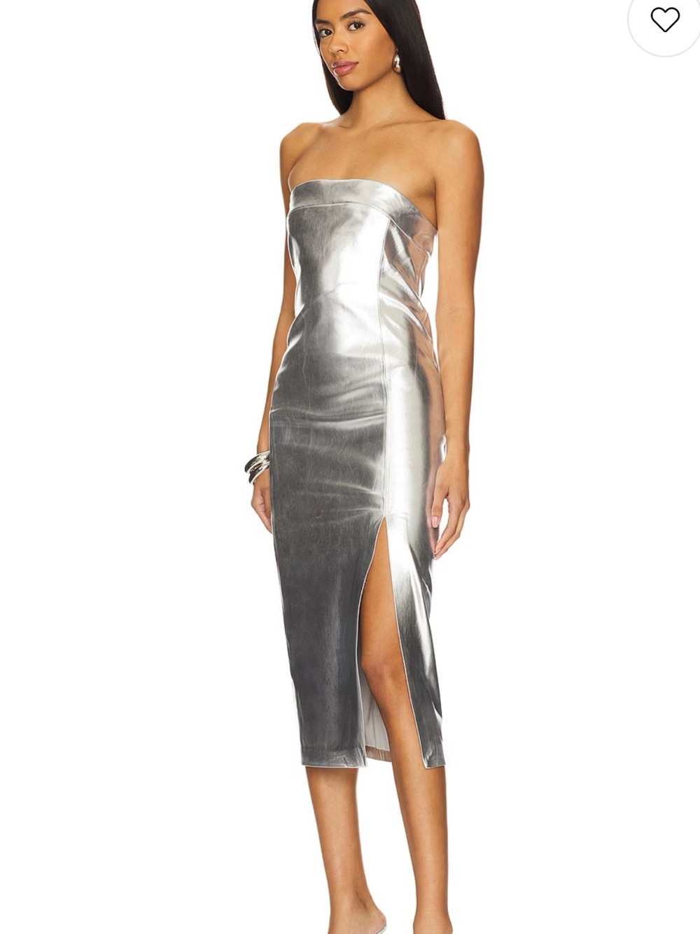 Alice + Olivia Metallic Silver Strapless Midi Dress with Side Slit
